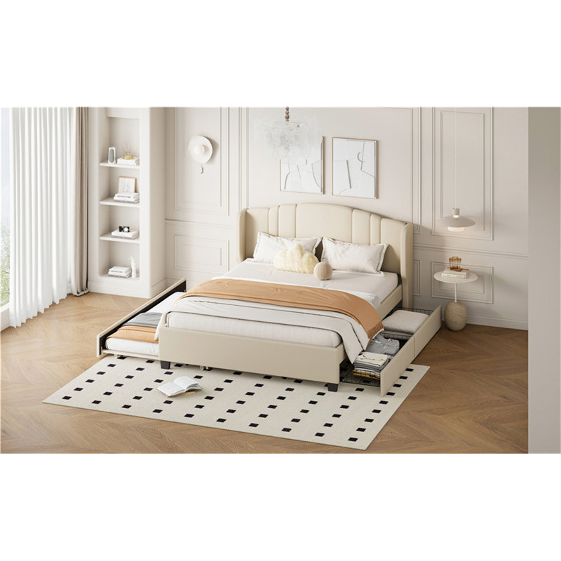 Lit plateforme tapissier avec tête de lit à oreilles, un lit gigogne simple et 2 tiroirs, aucun sommier nécessaire, tissu en lin, grand