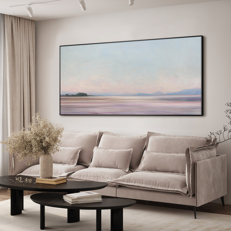 Très grande reproduction d'art sur toile - Horizon côtier pastel avec décor à ciel ouvert pour le salon ou la chambre à coucher - «Assemblage requis du cadre (cadre non fini)»