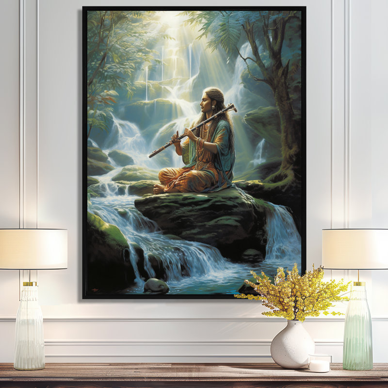 Joueur de flûte sur rocher dans la rivière - musicien, art mural, salon, Toile avec cadre flottant noir