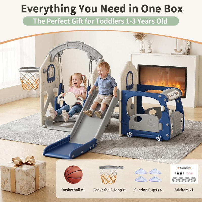 Glissoire 5 en 1 pour tout-petits, toboggan pour enfants avec grimpeur, maisonnette de jeu pour l'extérieur, Bleu / gris