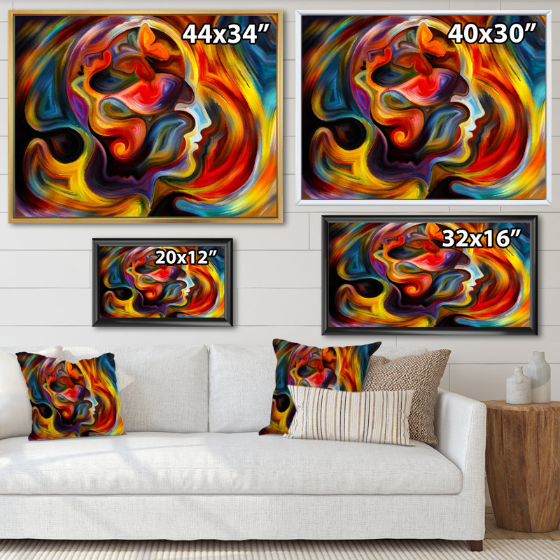 Visage sortant de coups de rouge et de jaune - Peinture sur toile, H 16 po x l 32 po, Cadre flottant en érable