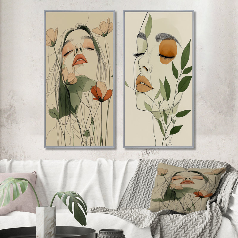 Femme, art au trait, art mural Boho I - Art mural femme, ensemble 2 pièces, H 40 po x l 40 po, Argent argent