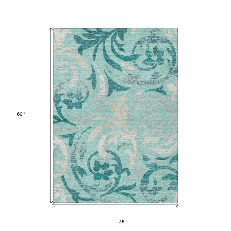 Tapis extérieur lavable floral bleu sarcelle 3 pi x 5 pi turquoise et beige