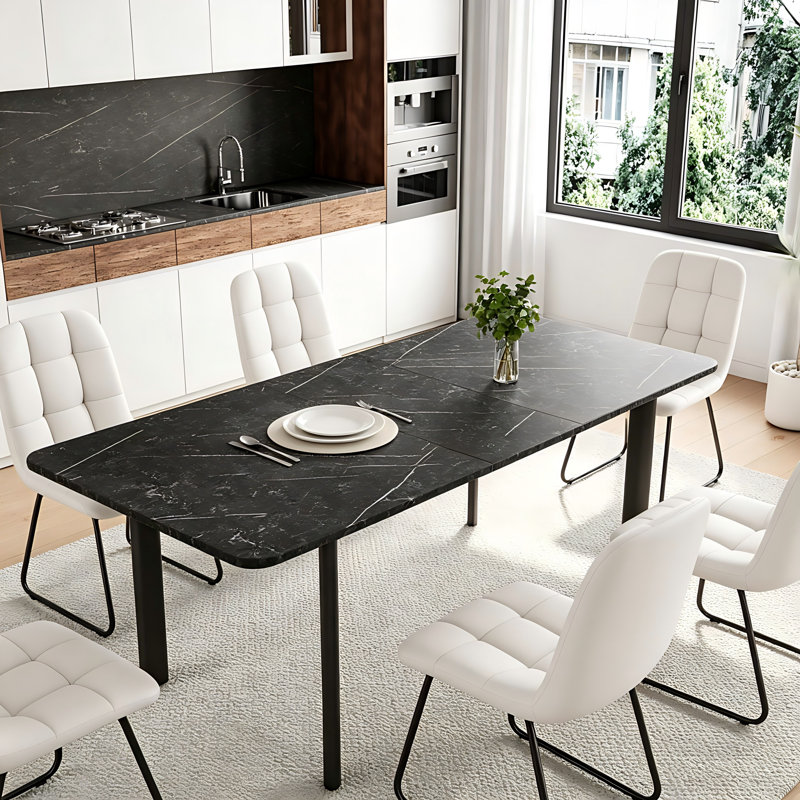 7-Piece Dining Table Set, 6-8 People Dining Table With 6 Modern Chairs For Kitchen；Dining Room, White