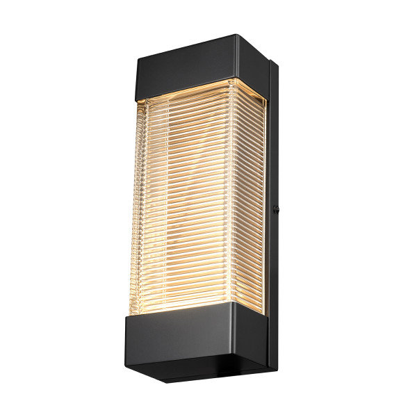 16W LED Integrated Matte Black Outdoor Wall Sconce with Ribbed Glass