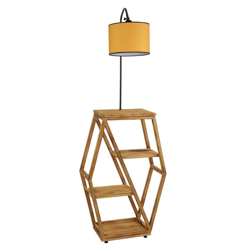 Lampe sur pied élégante en métal avec bibliothèque 100% bois de sapin Luro, hauteur totale 65 po | Finition de peinture électrostatique jaune séchée au four | Douille E27, 60 W maximum | Parfait pour la maison, le bureau ou un coin lecture, design 