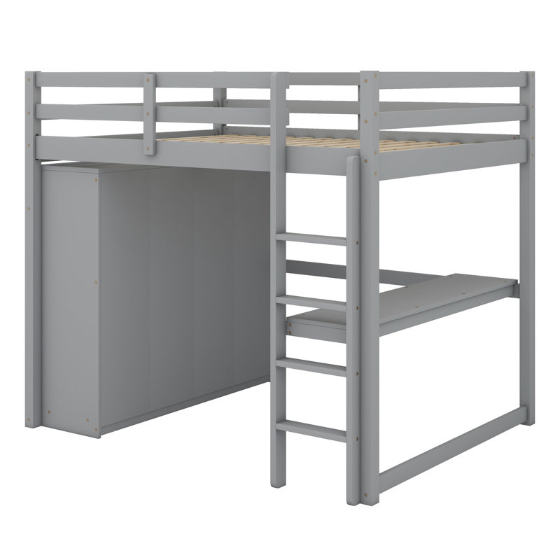 Lit mezzanine en bois avec garde-robe intégré, bureau, tablettes de rangement et tiroirs, Gris