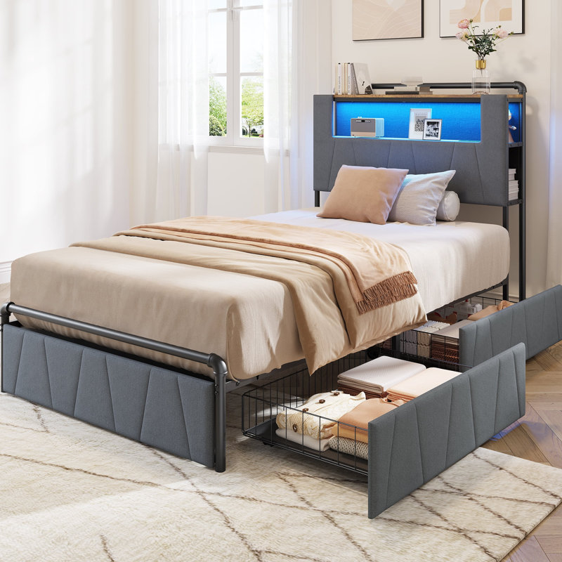 Twin Bed Frame with 2-Tier Storage Headboard, Metal Platform Bed Frame with 2 Storage Drawers, Built in Charging Station & LED, Gray