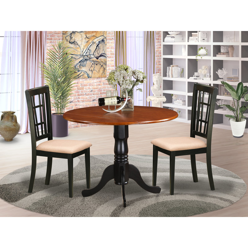 3 Piece Dining Set Contains a Round Dining Room Table with Dropleaf and 2 Linen Fabric Upholstered Kitchen Chairs, 42x42 Inch, Black