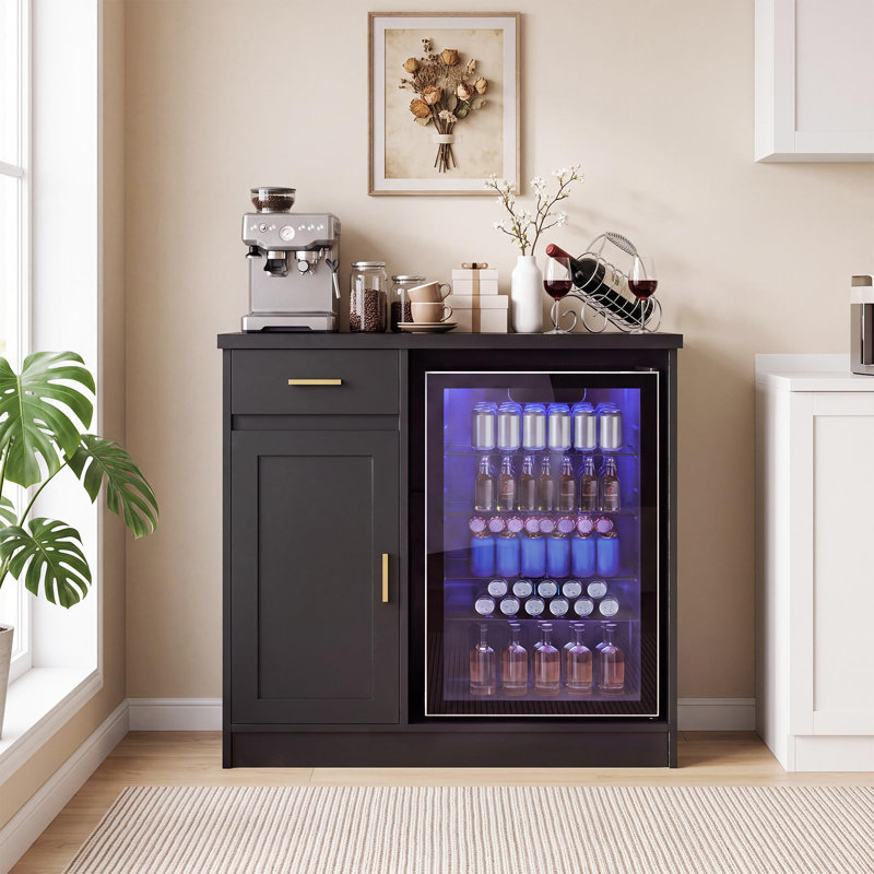Armoire de bar de ferme avec mini-réfrigérateur, armoire de café avec prise de courant, tiroir de rangement et tablette réglable, armoire de cuisine pour la salle à manger