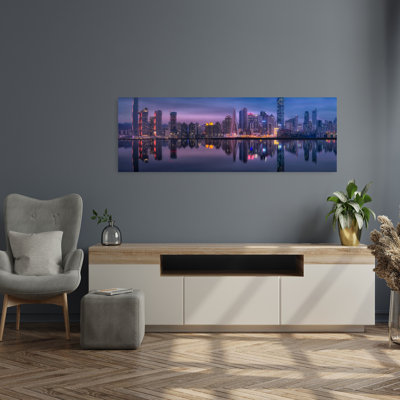 «Twilight City Reflections Colorful Dramatic Modern Architecture City», art mural