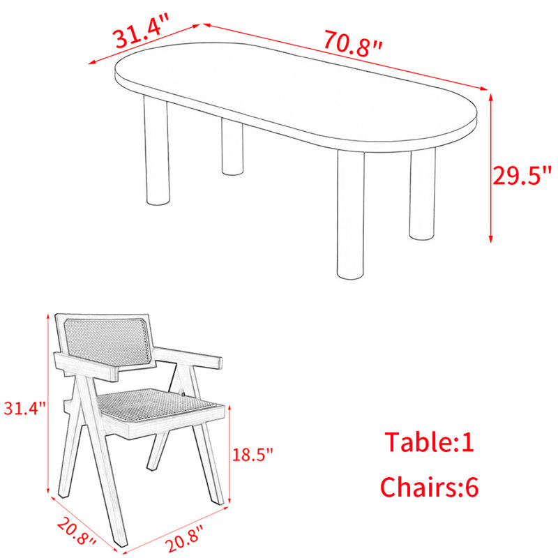 Ensemble de table de salle à manger ovale en bois massif de style français, H 29,5 po x L 70,8 po x l 31,4 po, 7