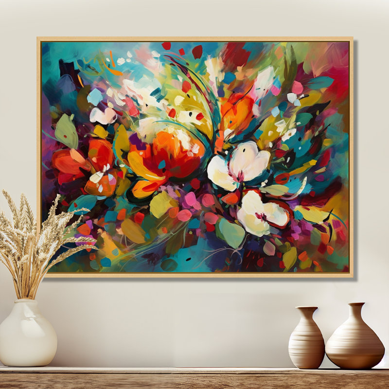 Rynette Red Vibrant Garden Symphony III - Art mural floral, H 24 po x l 32 po x P 1 po, Cadre flottant érable