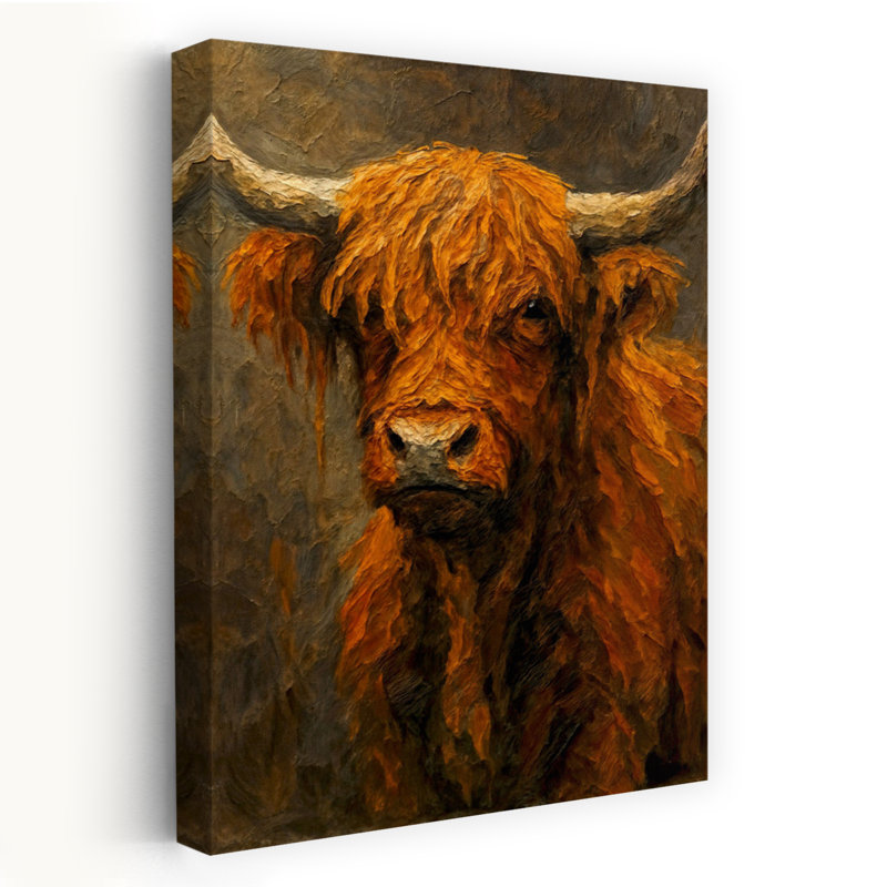 Highlander écossais avec manteau à poils longs et cornes, art contemporain contemporain, H 18 po x l 12 po