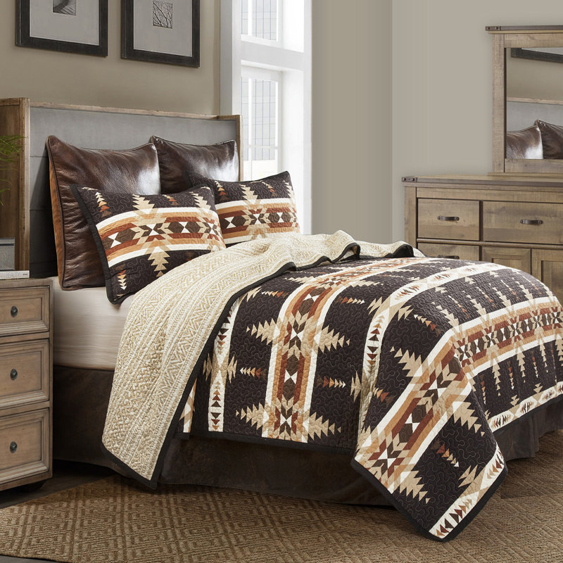 Full Black and Tan Cotton Reversible Quilt Set