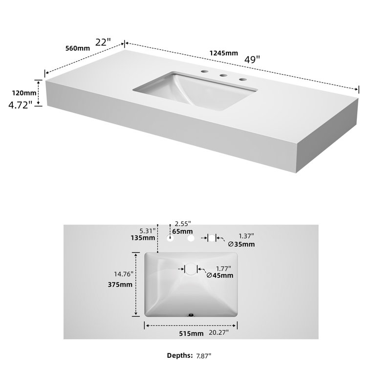 Plateau de meuble-lavabo avec support de fixation, lavabo en céramique et trou de robinet à trois trous