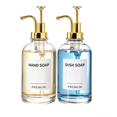 Hand Glass Soap Dispenser Set with Pump, Tray, (Gold 2 Pack 18 Oz Clear Bottles with 12 Stickers)
