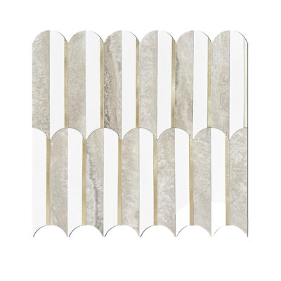 Carreaux de dosseret à peler et à coller, ardoise blanche et beige avec mosaïque en écaille de poisson doré clair, 10 feuilles pour la cuisine et la salle de bain