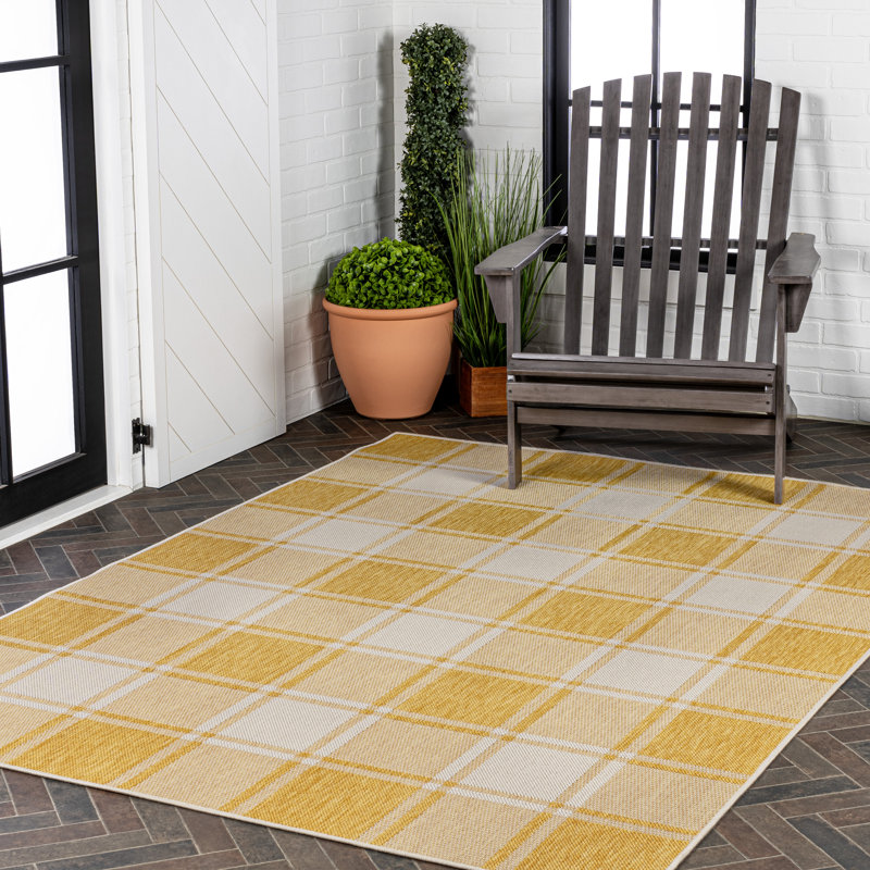 Tapis intérieur / extérieur jaune / crème Sabine, Rectangle 2 pi 11 po x 4 pi 11 po
