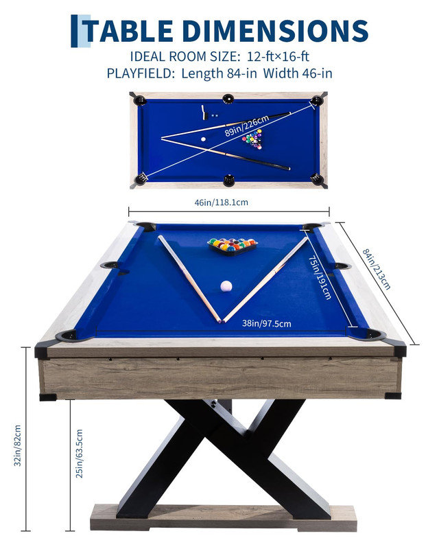 Table de billard de 7 pi avec accessoires, support en K robuste, feutre professionnel, finition en bois gris rustique, comprend des queues et des boules (84 x 46 x 32 po)