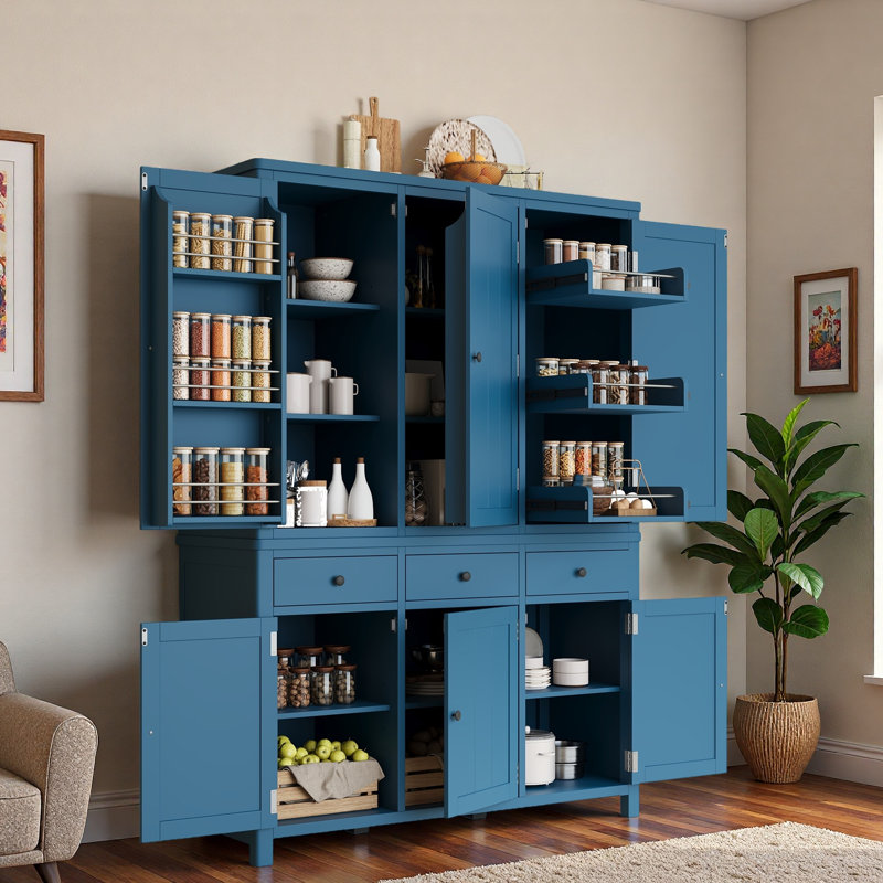 Garde-manger autoportant Farmhouse avec tablettes de porte, tablettes réglables, plateaux coulissants et tiroirs, Bleu