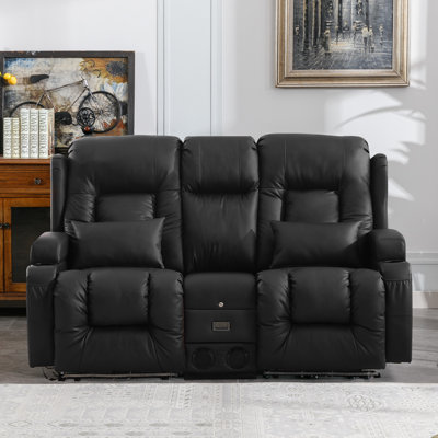 67"" Wide Faux Leather Heated Power Recliner Massage Theater Loveseat with Cup Holder -  Ebern Designs, F929155C7D394ED0A4E9C0F7150BF035