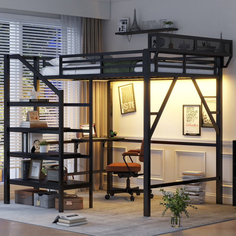 Lit mezzanine double en métal, bureau pliable, station de charge, lumière DEL, rangement pour escalier, garde-corps en filet, noir