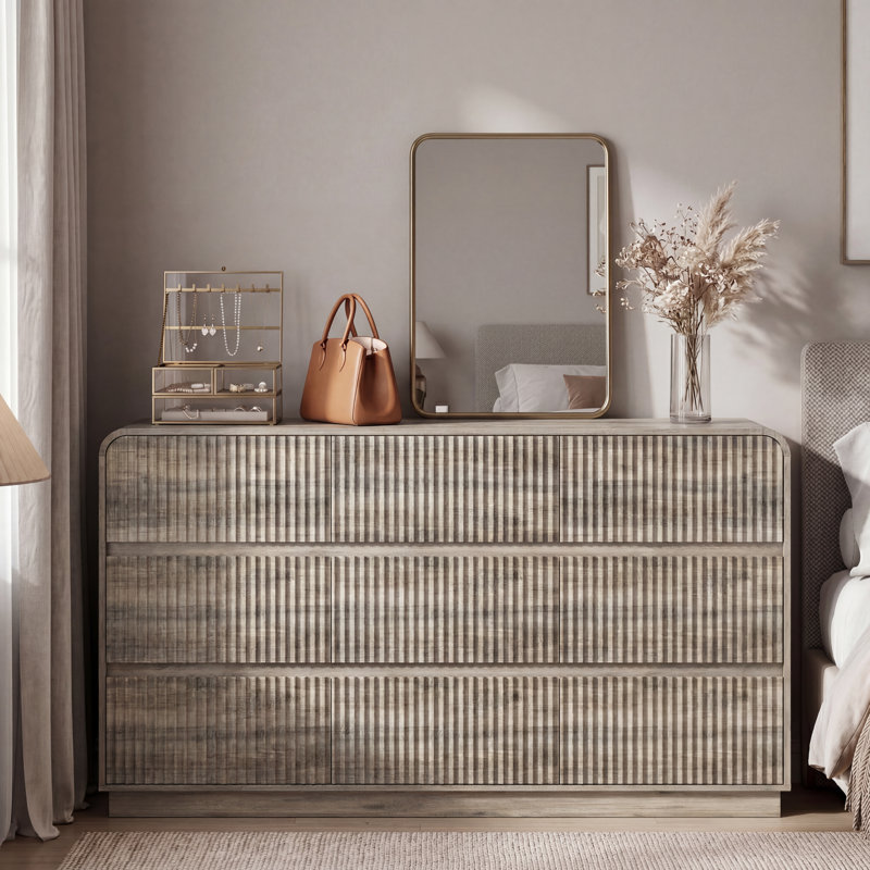 Fluted 9-Drawer Dresser for Bedroom,59"Wide Dressers & Chest of Drawers With  Concealed Handles, Gray