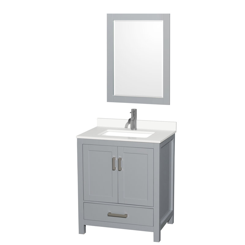 Ensemble de meuble-lavabo simple autoportant 30 po avec plateau en quartz Sheffield et miroir 24 po, Quartz blanc, Gris