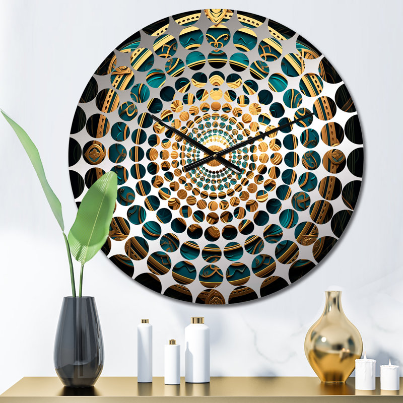 Ancient Atlantis Mandala In Gold And Turquoise V - Boho Mandala Wall Clock, Small