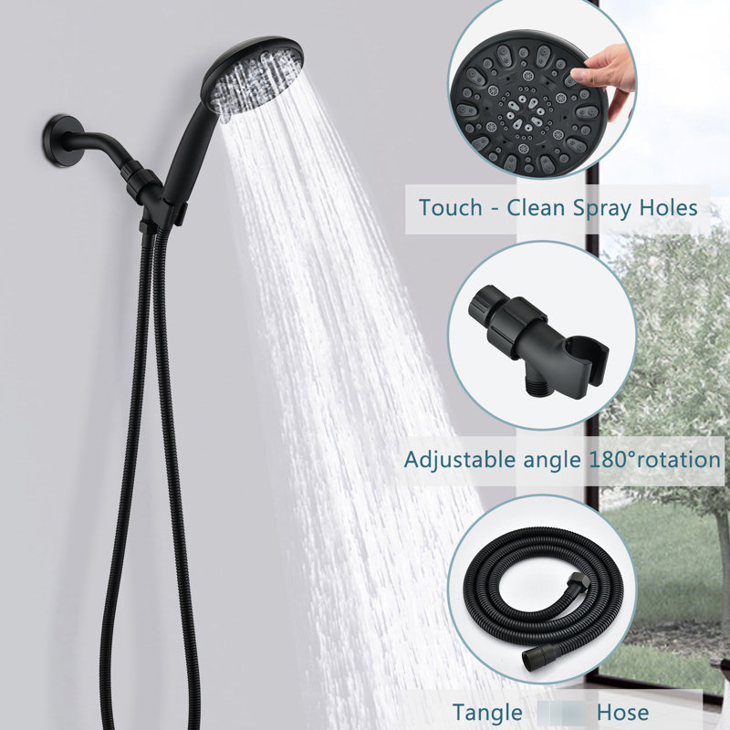 Robinet de douche à main 7 réglages de jet, noir mat, noir antirouille avec motifs et trousse d'installation facile