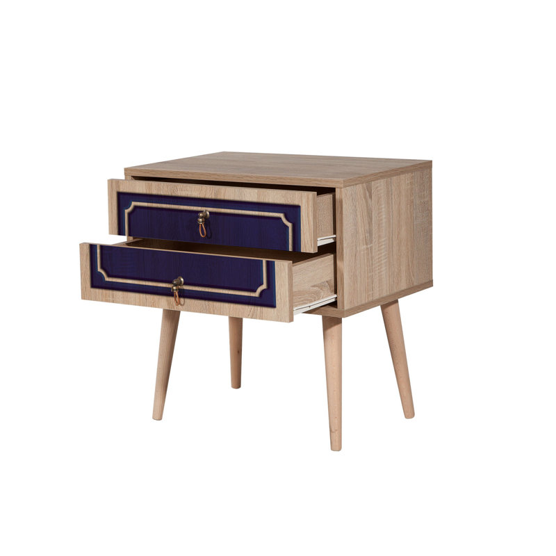Table de chevet 2 tiroirs Kira, Noyer / Bleu