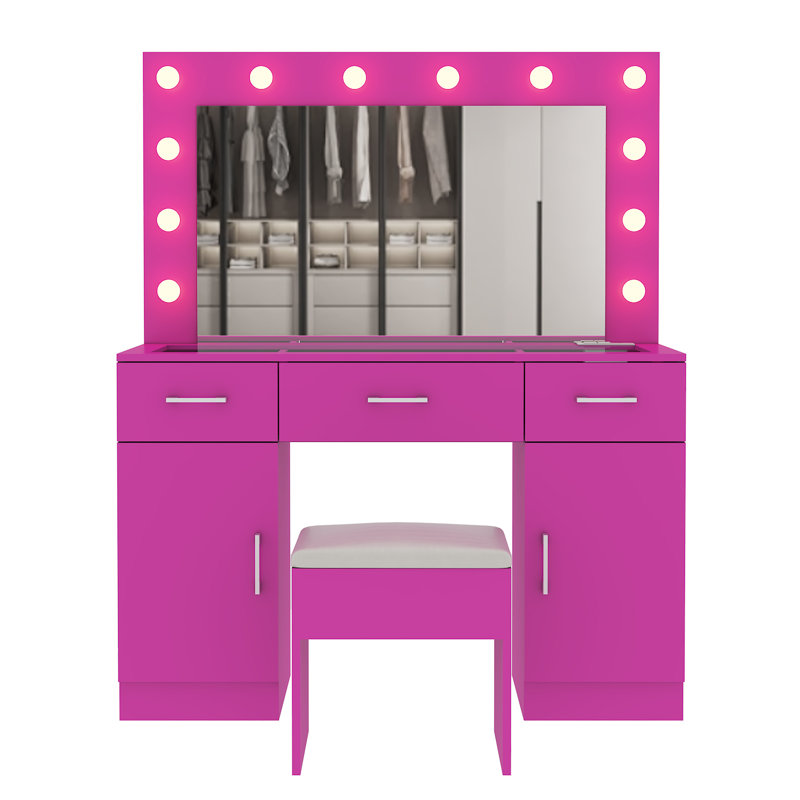Ensemble de coiffeuse avec grand miroir lumineux à DEL et prise de courant, Mauve