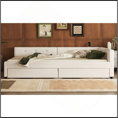Grand lit plateforme tapissier avec port USB et 2 tiroirs, beige