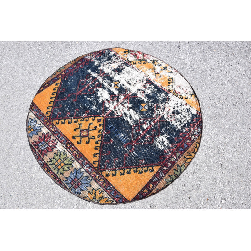 Petit tapis rond turc bleu antique tissé à la main, idéal pour les tapis de chambre à coucher ou de porte