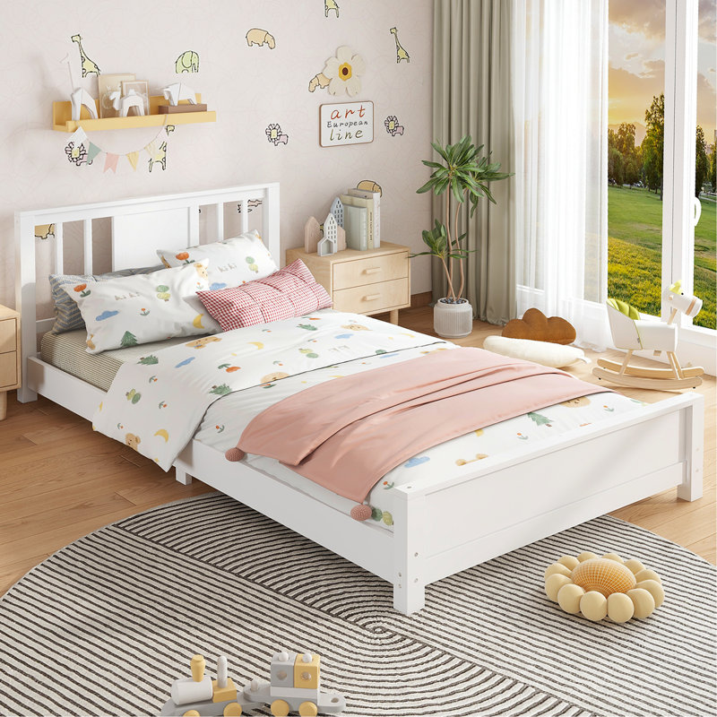 Base de lit plateforme avec tête de lit, base de lit en bois, lit de plancher avec lattes de soutien, Blanc