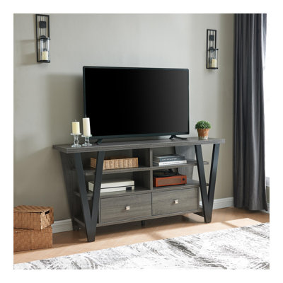 Tall TV Stand Cabinet With Two Drawers On Metal Glides Metal Square Knob Handles And Two Divided Shelf Tiers