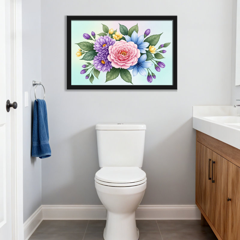 Bouquet de plantes et de fleurs avec fleurs roses, mauves et bleues, H 24 po x l 36 po, Noir