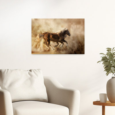 Chevaux majestueux dans la poussière - Paysage équestre abstrait contemporain - Affiche murale nature