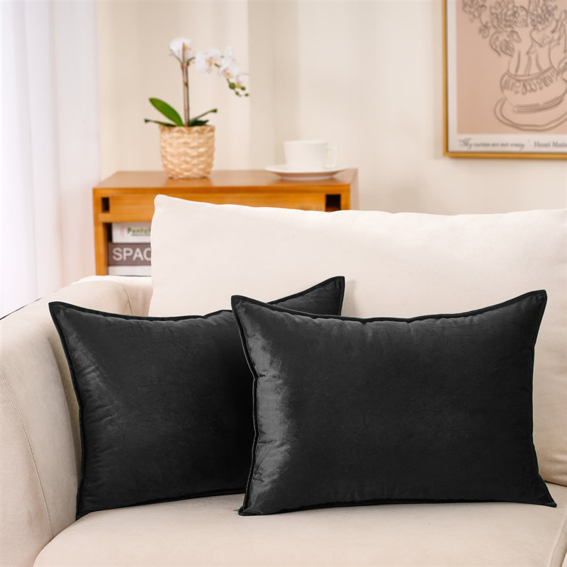Housse de coussin carré en velours à bride, Noir, polyester