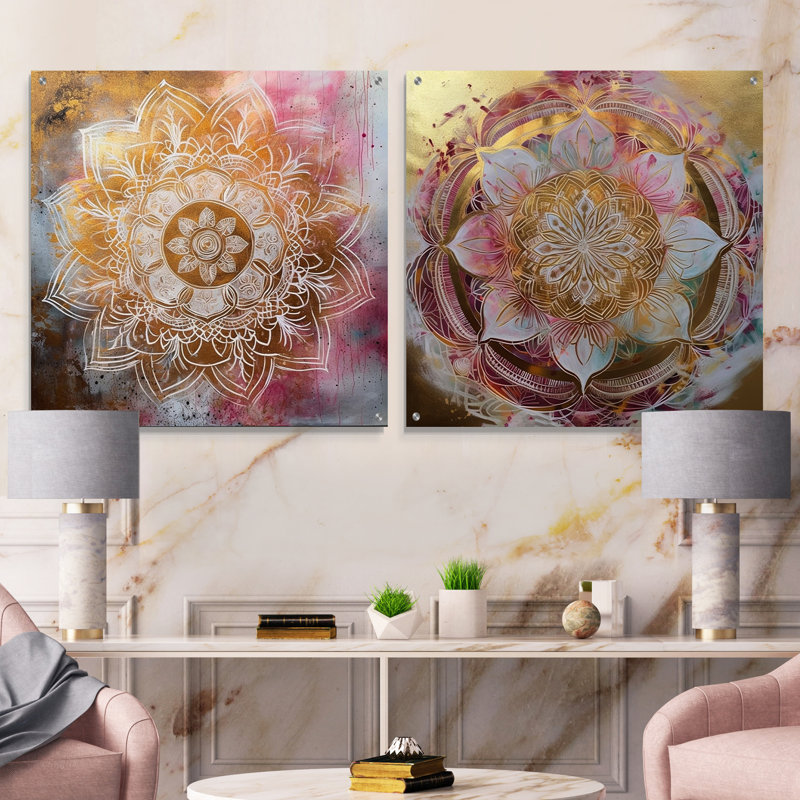 Rose doré Mandala I - Boho Mandala, ensemble de 2 verres muraux en acrylique, H 30 po x l 61 po