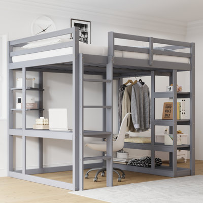 Solid Wood Kids Loft Bed With Ladder, Desk, Shelves & Clothes Rail     
