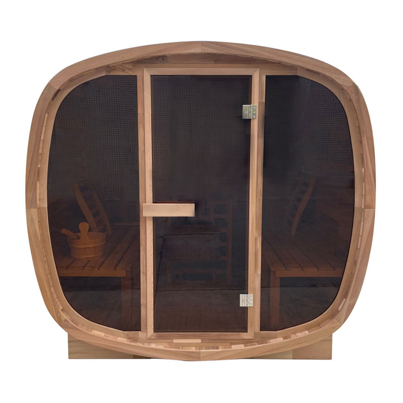 2-4 Person Patchwork Red Cedar Outdoor Traditional Steam Sauna With Tinted Tempered Glass Panels, Weather-Resistant Asphalt Shingle Roof, And Rustic Solid Wood Frame