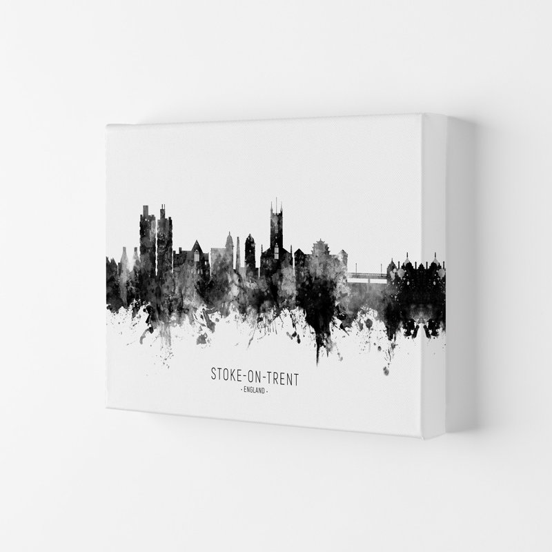 Stoke-on-Trent England Skyline Black White City Name by Michael Tompsett - Print, 59.4cm H x 84cm W x 4cm D, Wrapped Canvas