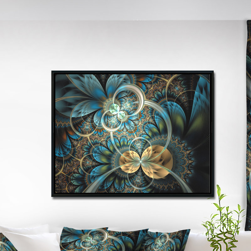«Symmetric Blue Gold Fractal Flower», impression, H 12 po x l 20 po x P 1 po, Toile avec cadre flottant