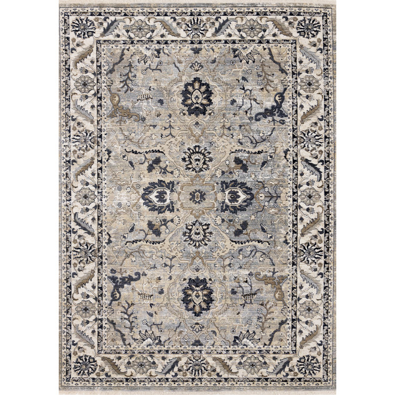 Tapis gris et noir à motif de médaillon 5 pi x 8 pi beige