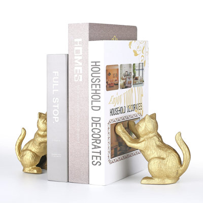 Lucky Cat Decorative Bookend, Heavy Duty Cast Iron, Vintage Shelf Decor, Gold