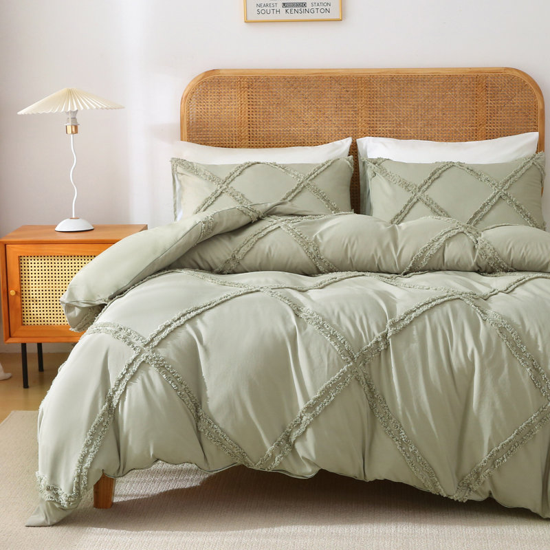 Solayne Boho Tufted Duvet Cover Set – Textured Geometric Pattern, Corner Ties & Zipper Closure, Full Duvet Cover + 2 Shams