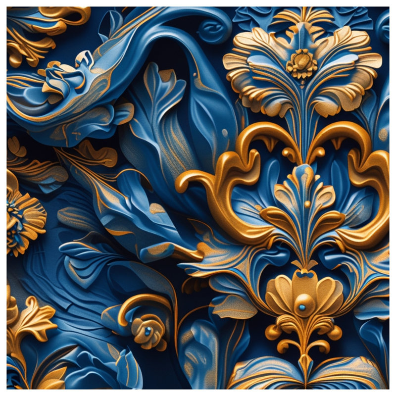 Blue Gold Baroque Pattern Blankets, 60in W x 80in H