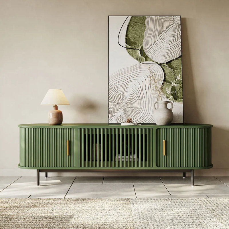 Meuble télé Mid-Century moderne, porte coulissante, entièrement assemblé, H 21,25 po x L 70,87 po x l 15,75 po, Vert
